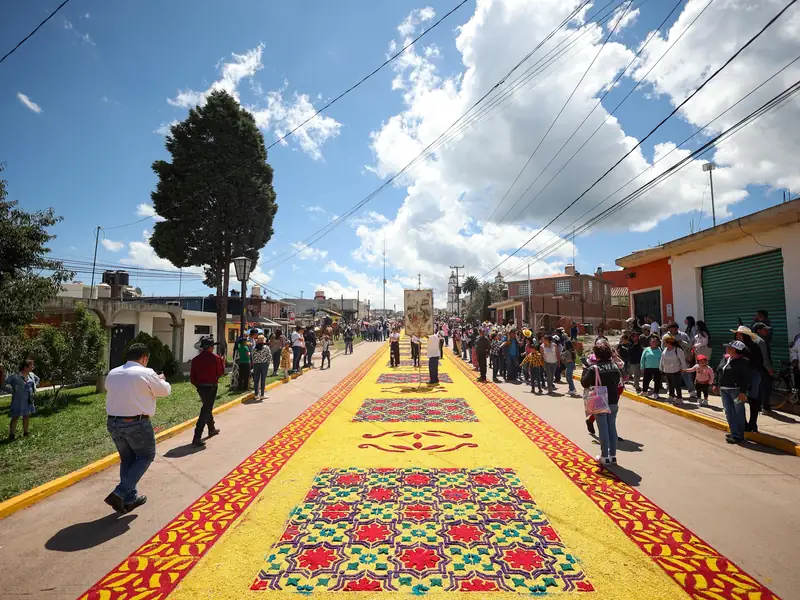 Tapete de colores amarillo, rojo y verde sobre la calle durante la fiesta de Santiago Apóstol, con gente caminando a los lados.