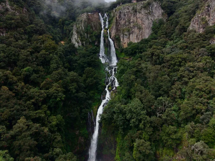 Las cascadas de Quetzalapan completas: el agua baja en dos brazos por la pared de roca y sigue entre el bosque de la sierra