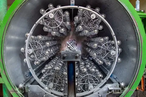 The silvering wheel in an ornament workshop: glass ornaments spin inside the tank as they are silvered