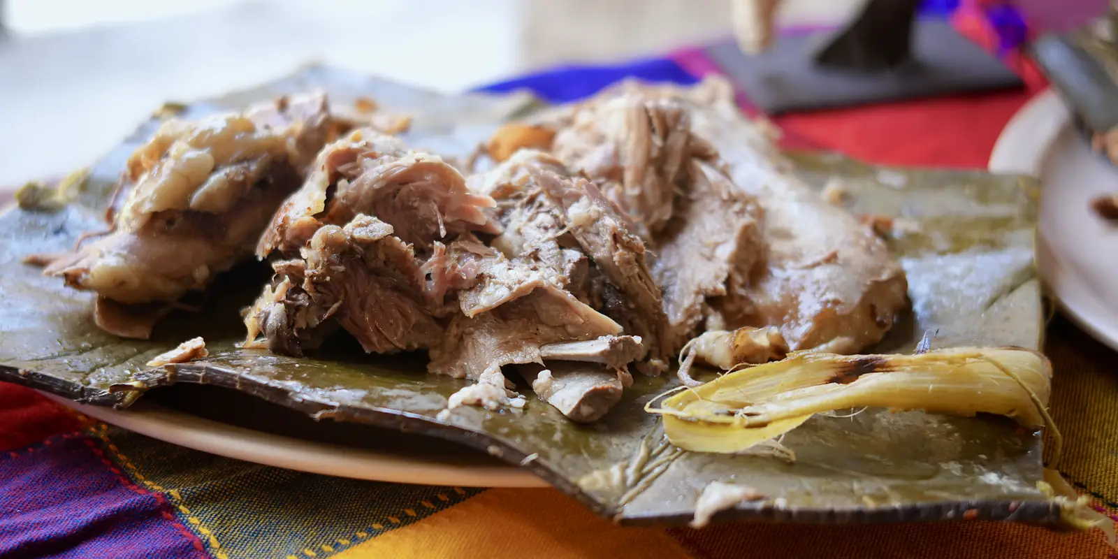 Barbacoa recién servida sobre una penca de maguey, de cerca, en Chignahuapan